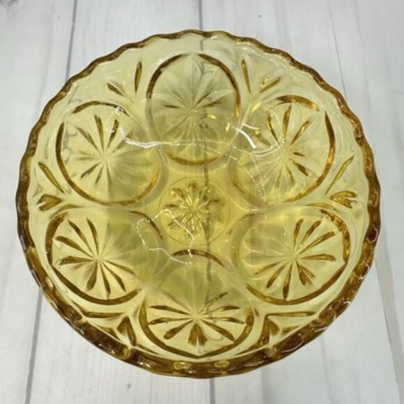 Vintage Amber Pressed Indiana Glass Fruit Bowl 4.25" Starburst Daisy Pattern Set - Picture 5 of 8